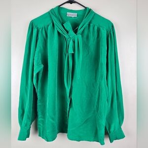 Vintage Evan Picone Emerald Green Blouse with Tie-Neck Long Sleeve Size 10